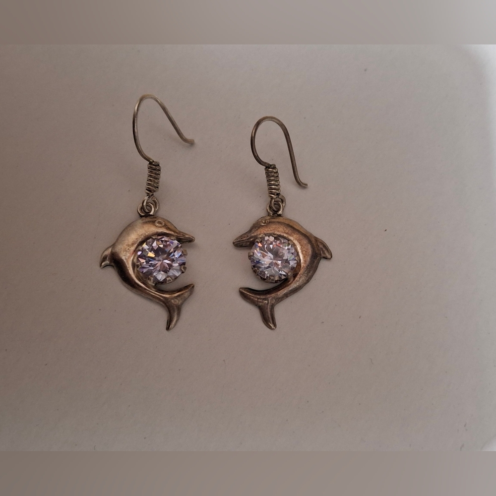 Silver Dolphin Earrings with Crystal Accents Beachy Summer Cruise Seacore Casual